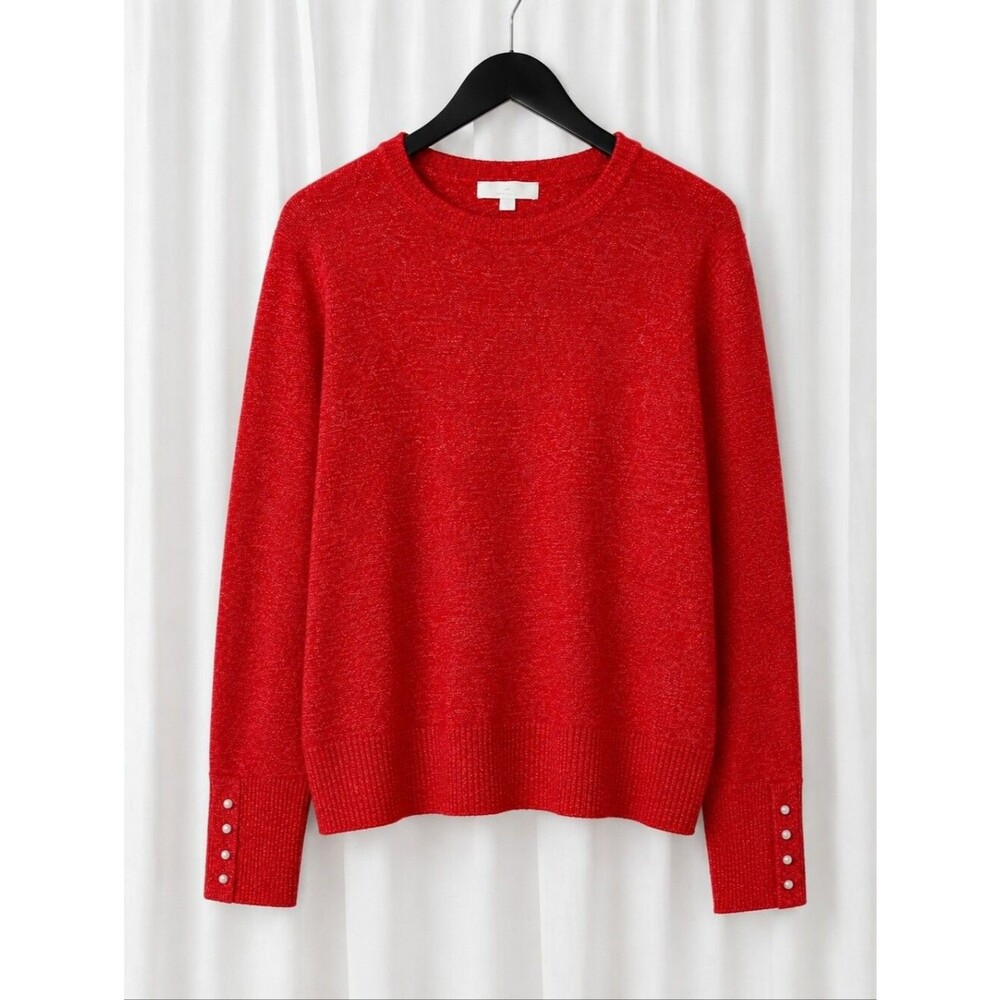 LOFT Marled Red Wool Blend Pearl Button Cuffs Lightweight Pullover Sweater
